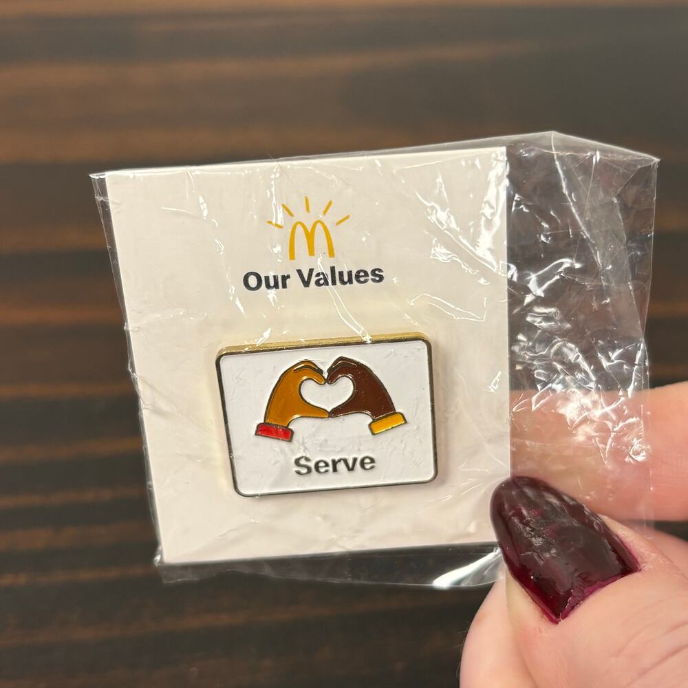 NIB McDonald’s Our Values Service Serve Heart Hands Lapel Shirt Pin White Gold